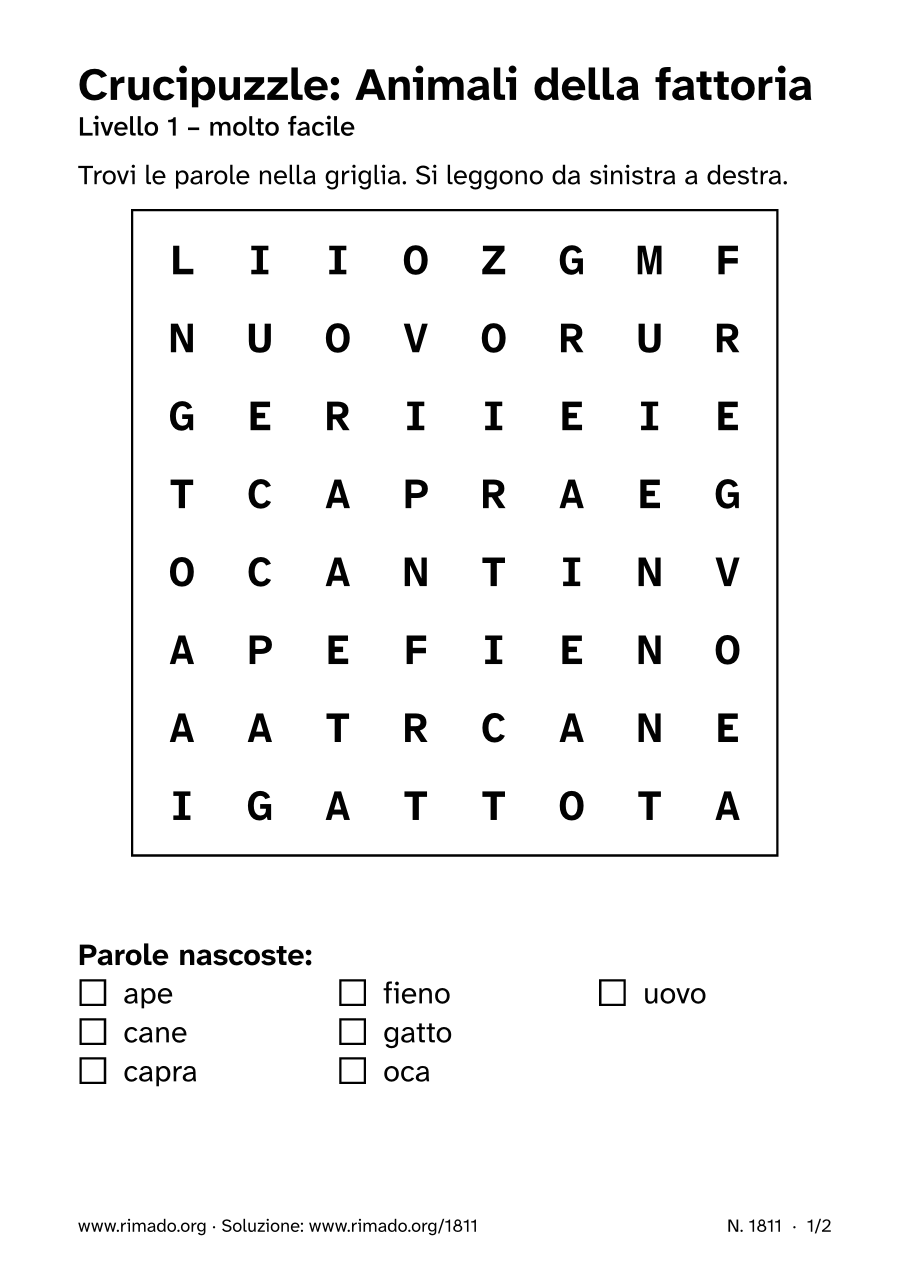 Anteprima del foglio stampato: Crucipuzzle «Animali della fattoria», n. 1811