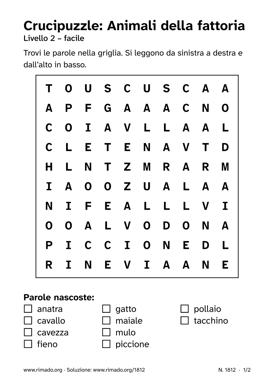 Anteprima del foglio stampato: Crucipuzzle «Animali della fattoria», n. 1812