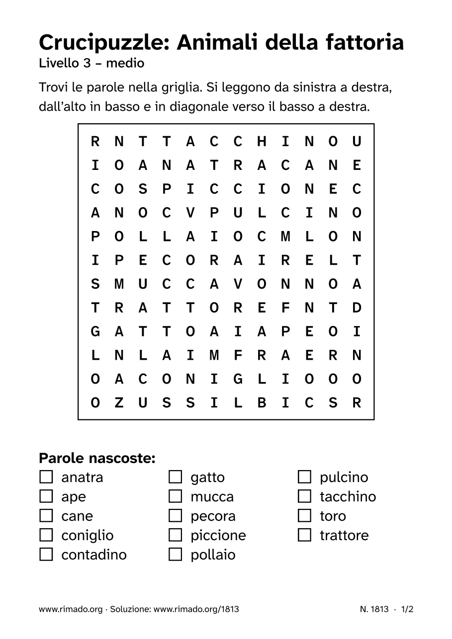 Anteprima del foglio stampato: Crucipuzzle «Animali della fattoria», n. 1813