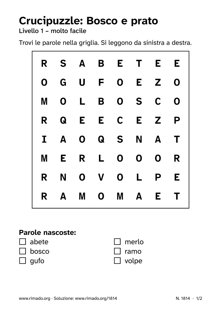 Anteprima del foglio stampato: Crucipuzzle «Bosco e prato», n. 1814