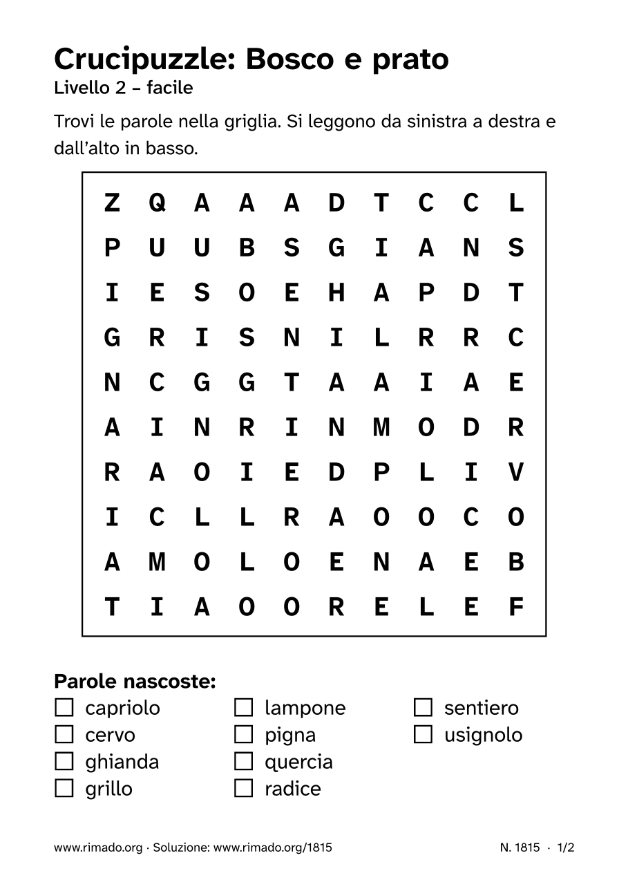 Anteprima del foglio stampato: Crucipuzzle «Bosco e prato», n. 1815
