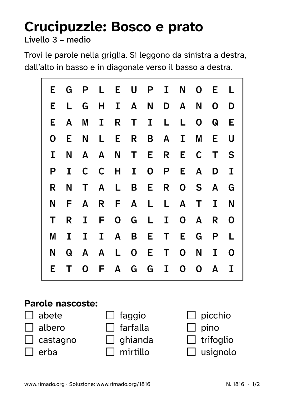 Anteprima del foglio stampato: Crucipuzzle «Bosco e prato», n. 1816