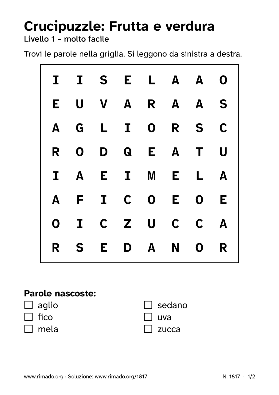 Anteprima del foglio stampato: Crucipuzzle «Frutta e verdura», n. 1817