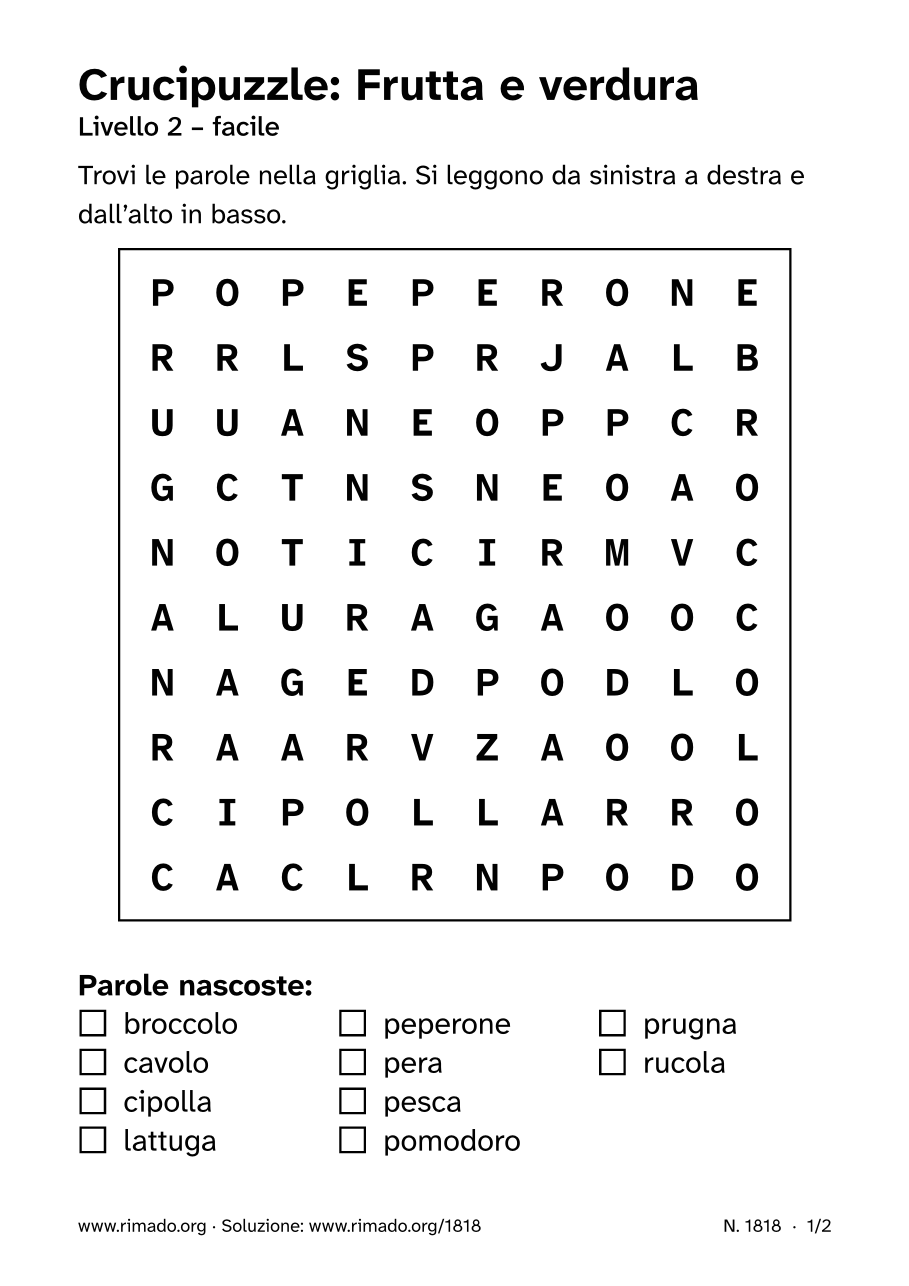 Anteprima del foglio stampato: Crucipuzzle «Frutta e verdura», n. 1818