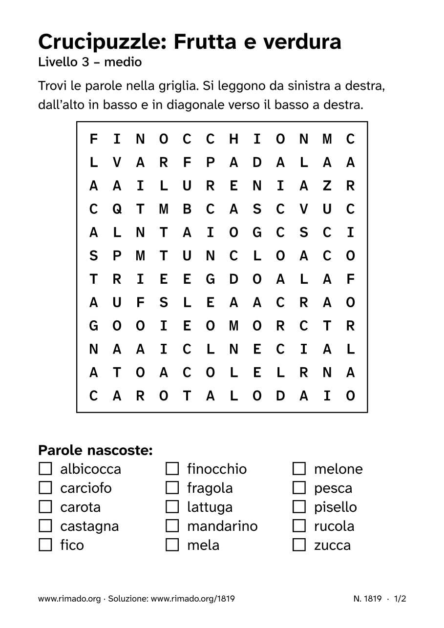 Anteprima del foglio stampato: Crucipuzzle «Frutta e verdura», n. 1819