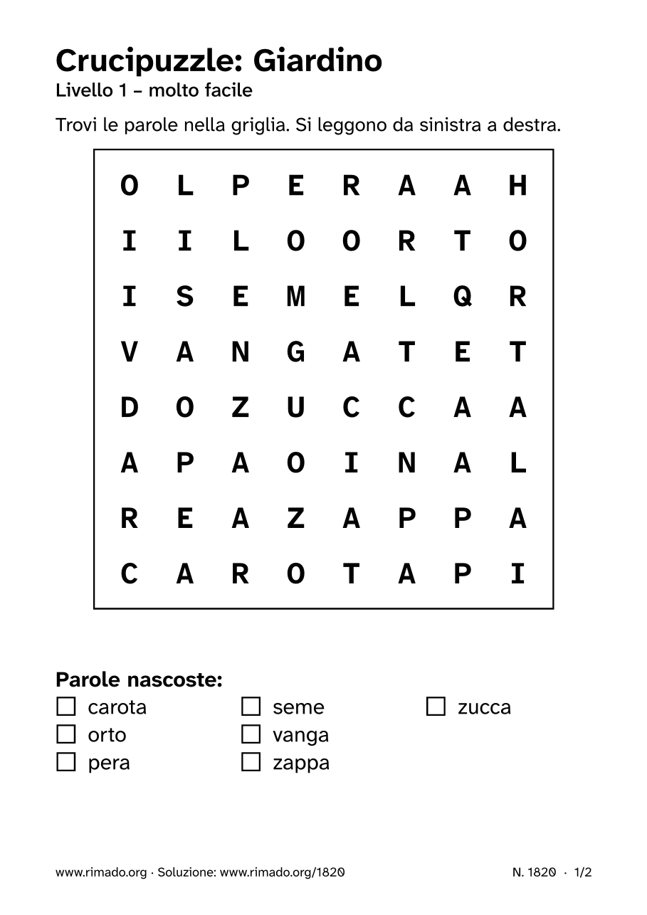 Anteprima del foglio stampato: Crucipuzzle «Giardino», n. 1820