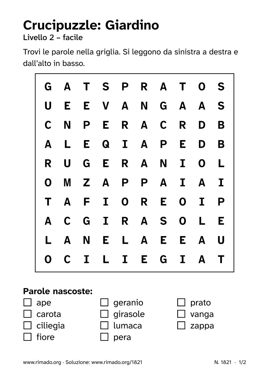 Anteprima del foglio stampato: Crucipuzzle «Giardino», n. 1821