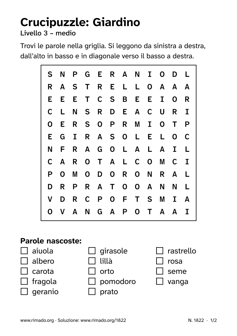 Anteprima del foglio stampato: Crucipuzzle «Giardino», n. 1822