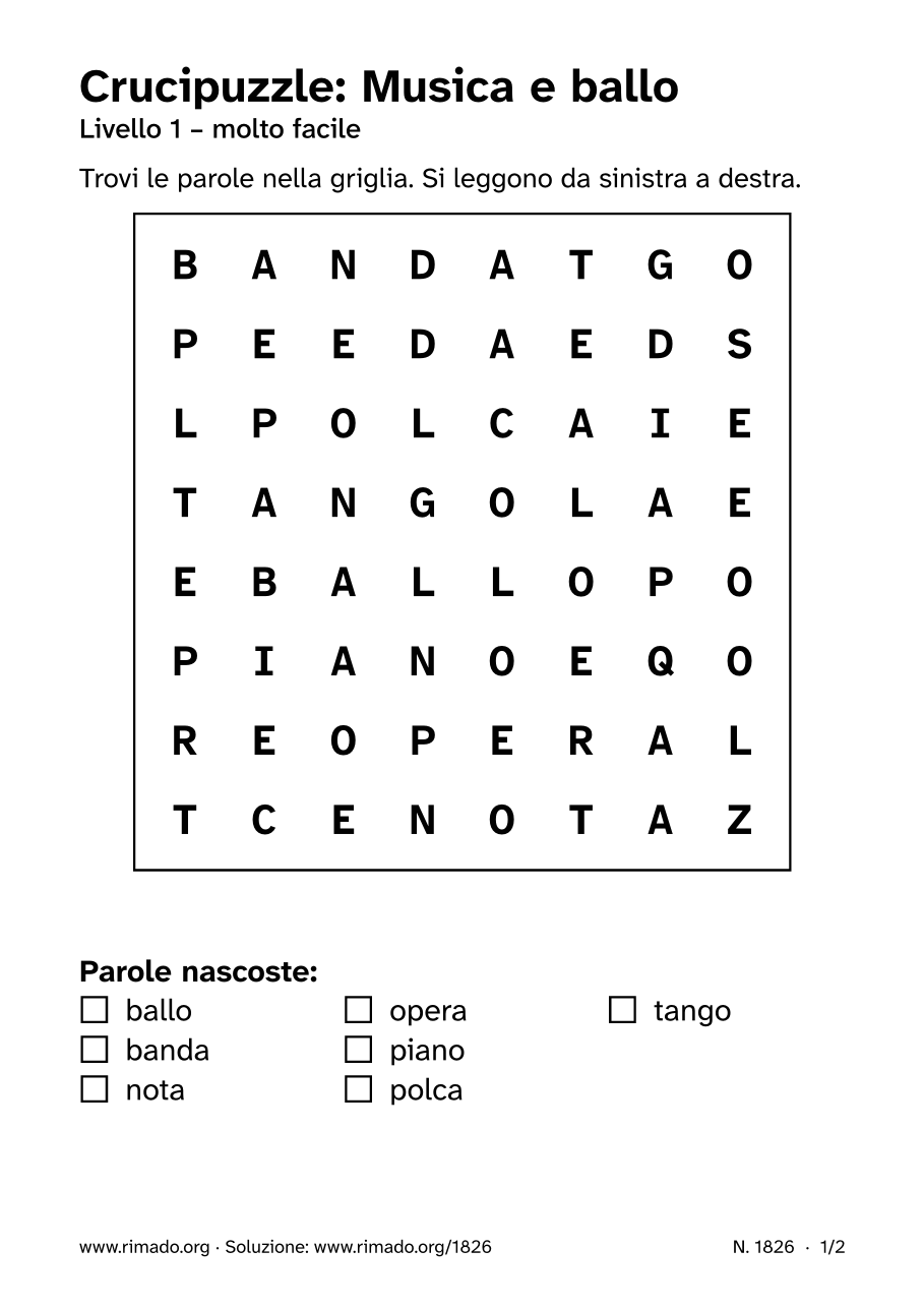 Anteprima del foglio stampato: Crucipuzzle «Musica e ballo», n. 1826