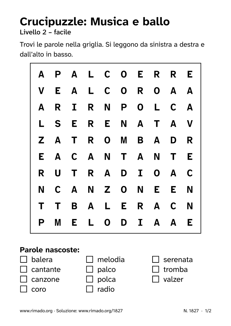 Anteprima del foglio stampato: Crucipuzzle «Musica e ballo», n. 1827