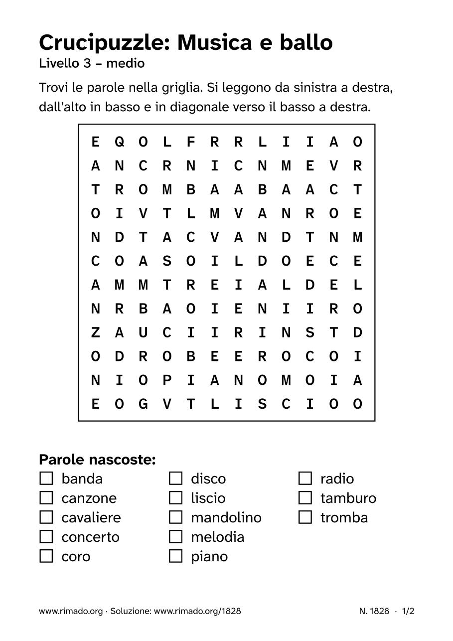 Anteprima del foglio stampato: Crucipuzzle «Musica e ballo», n. 1828