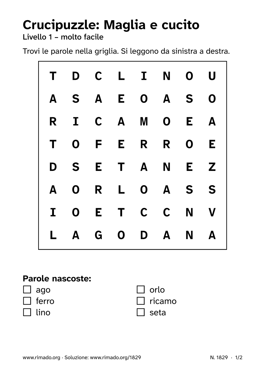 Anteprima del foglio stampato: Crucipuzzle «Maglia e cucito», n. 1829