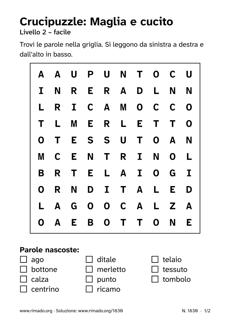Anteprima del foglio stampato: Crucipuzzle «Maglia e cucito», n. 1830