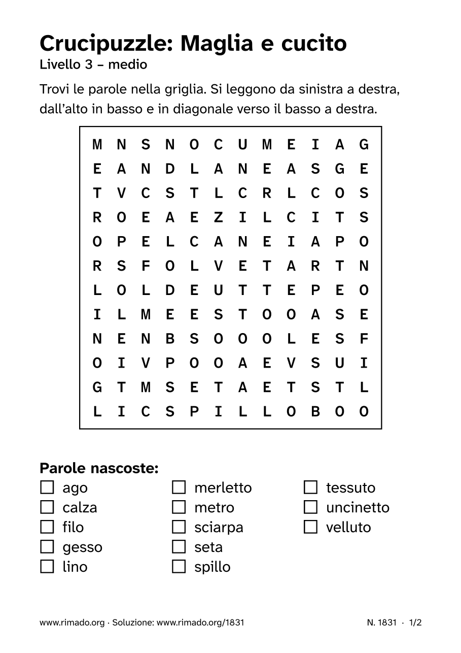 Anteprima del foglio stampato: Crucipuzzle «Maglia e cucito», n. 1831