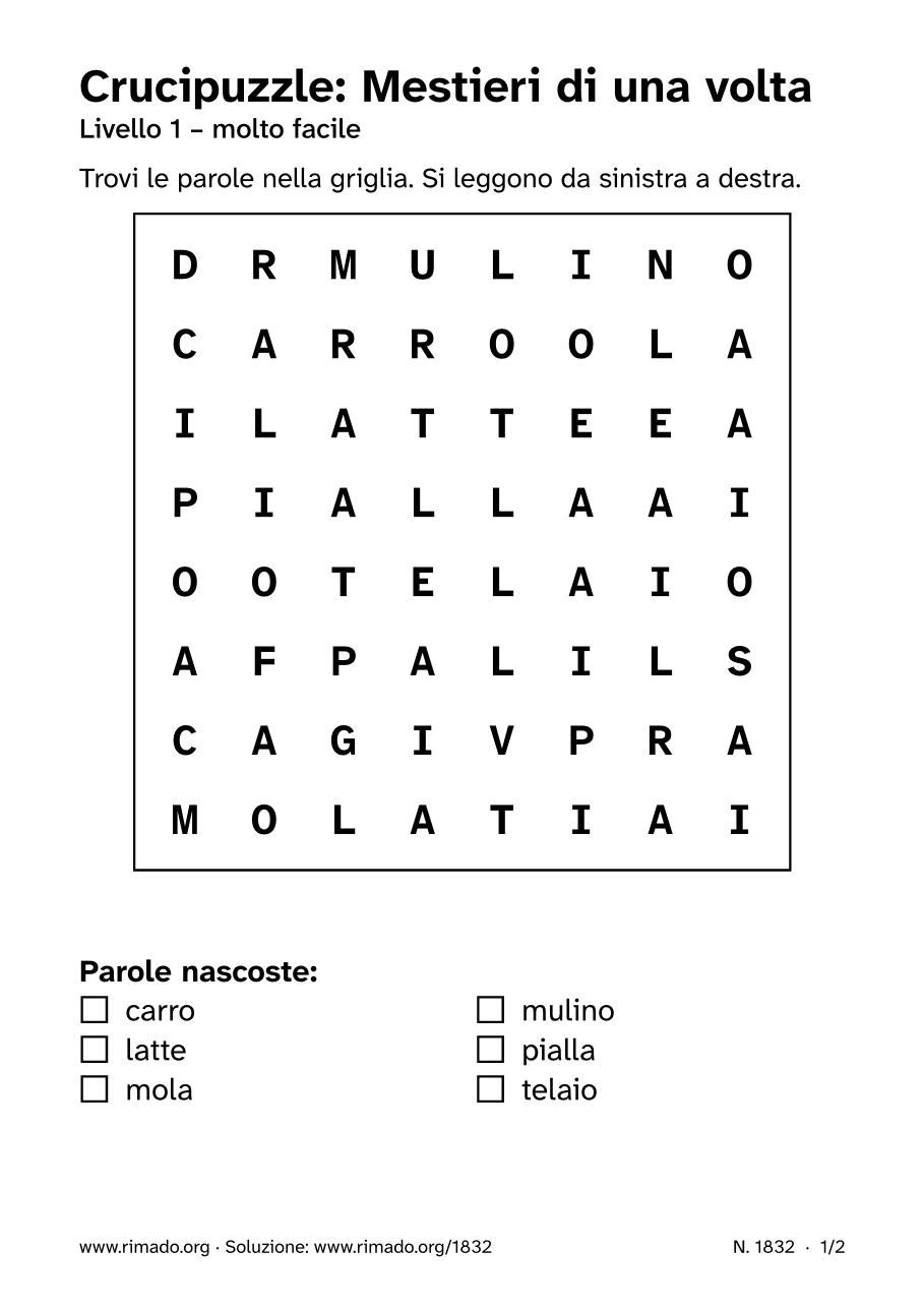 Anteprima del foglio stampato: Crucipuzzle «Mestieri di una volta», n. 1832
