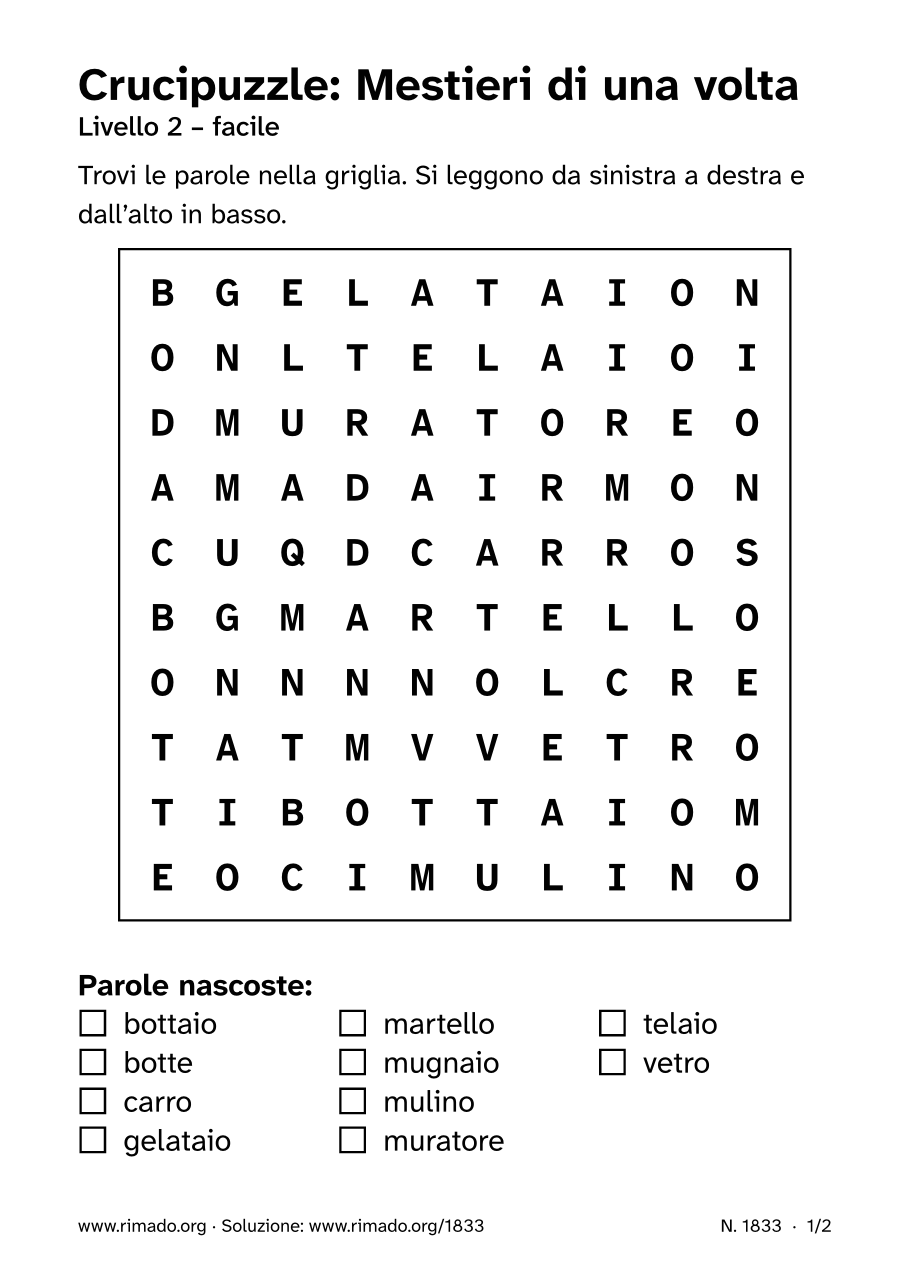 Anteprima del foglio stampato: Crucipuzzle «Mestieri di una volta», n. 1833