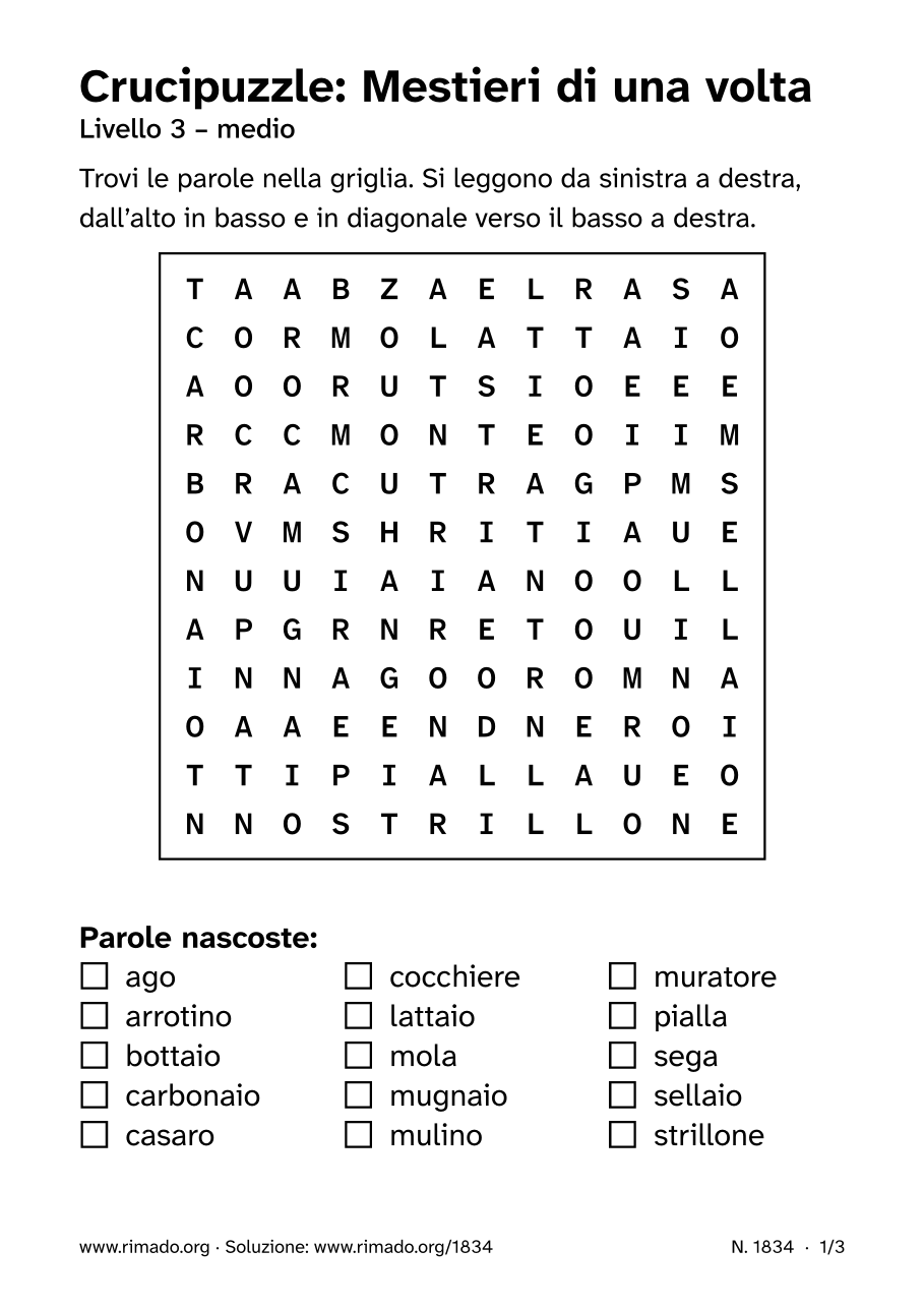 Anteprima del foglio stampato: Crucipuzzle «Mestieri di una volta», n. 1834
