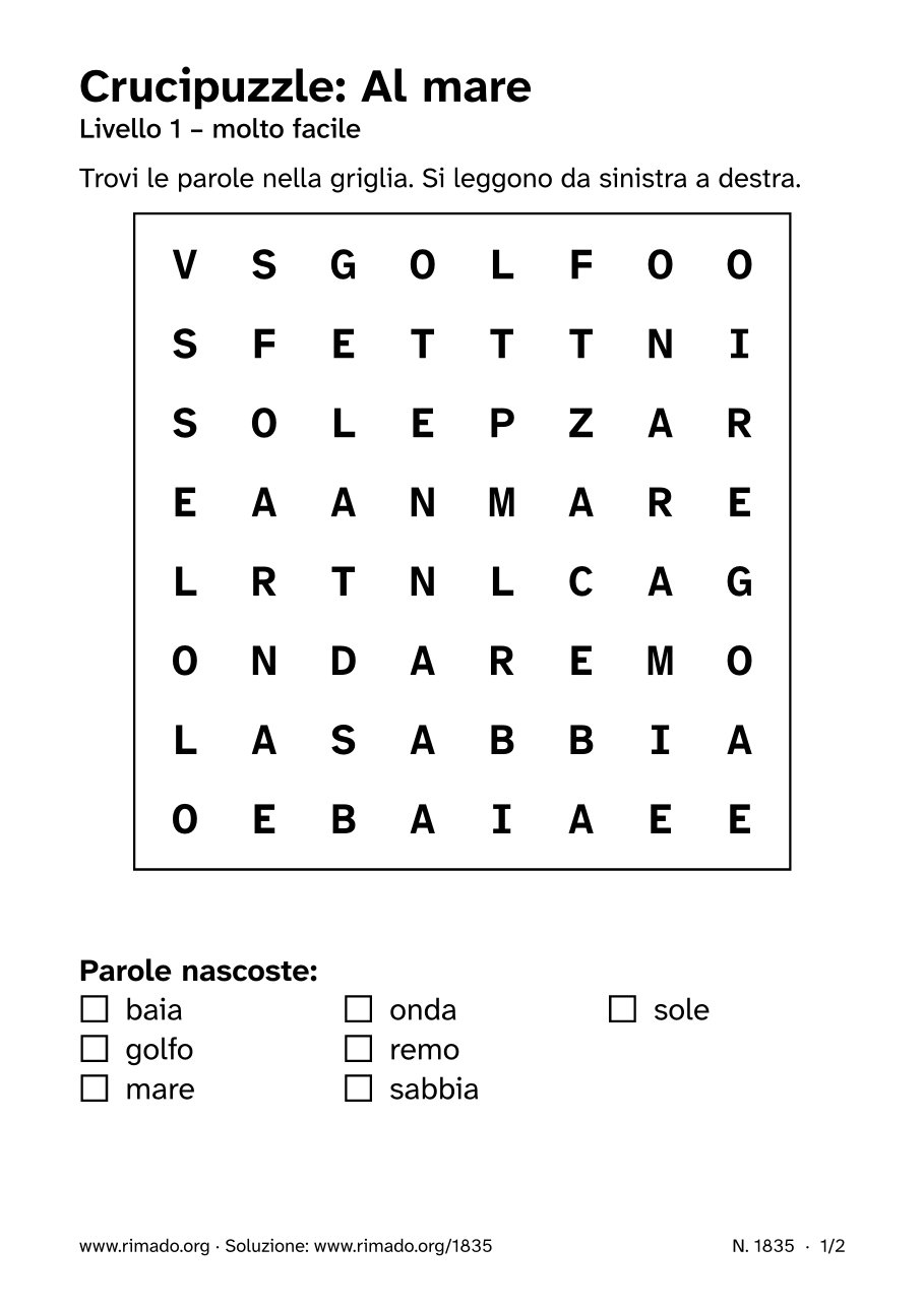 Anteprima del foglio stampato: Crucipuzzle «Al mare», n. 1835