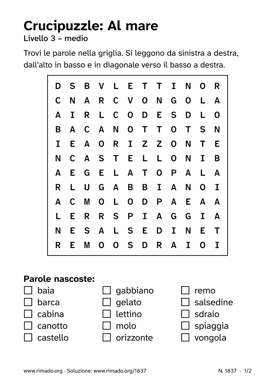 Anteprima del foglio stampato: Crucipuzzle «Al mare», n. 1837