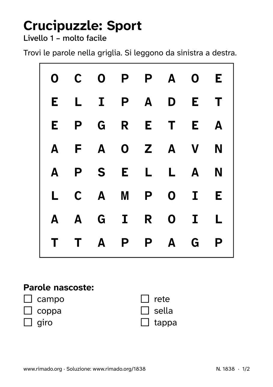 Anteprima del foglio stampato: Crucipuzzle «Sport», n. 1838