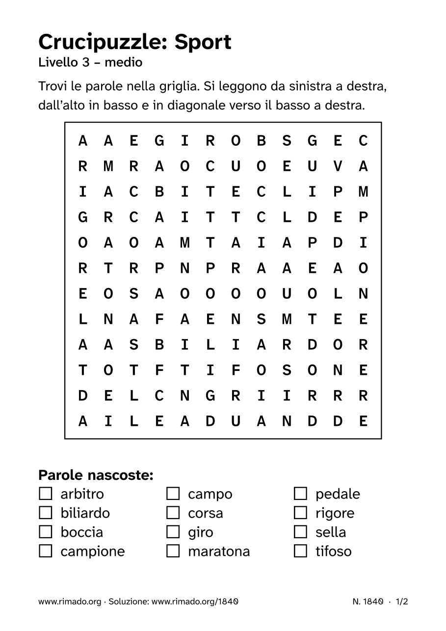 Anteprima del foglio stampato: Crucipuzzle «Sport», n. 1840