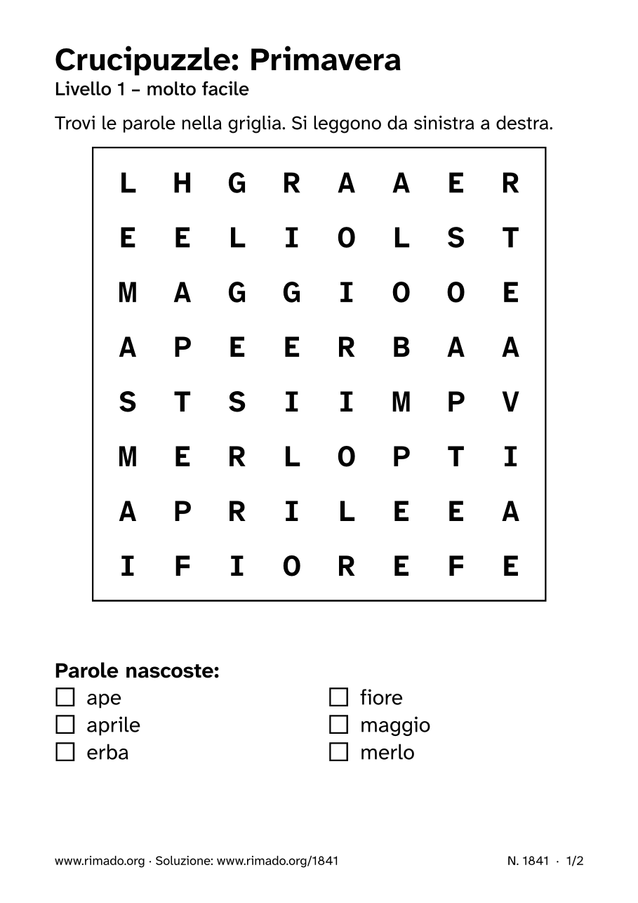 Anteprima del foglio stampato: Crucipuzzle «Primavera», n. 1841