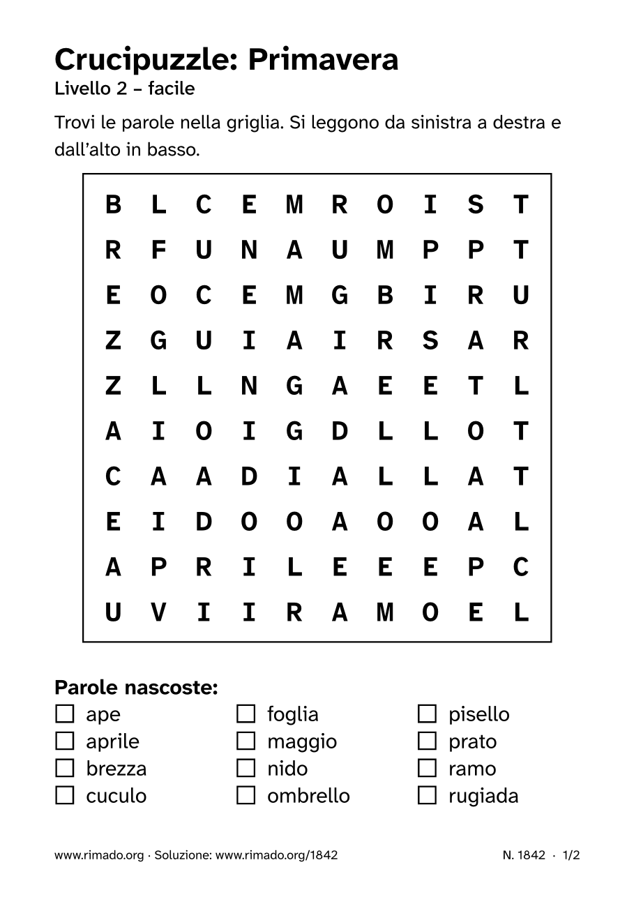 Anteprima del foglio stampato: Crucipuzzle «Primavera», n. 1842