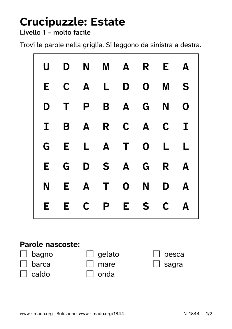 Anteprima del foglio stampato: Crucipuzzle «Estate», n. 1844