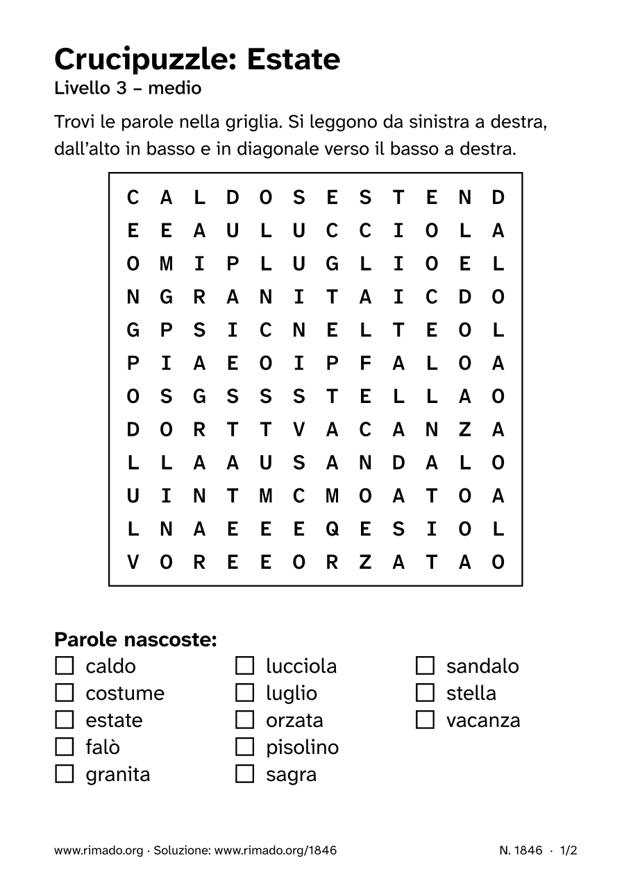 Anteprima del foglio stampato: Crucipuzzle «Estate», n. 1846