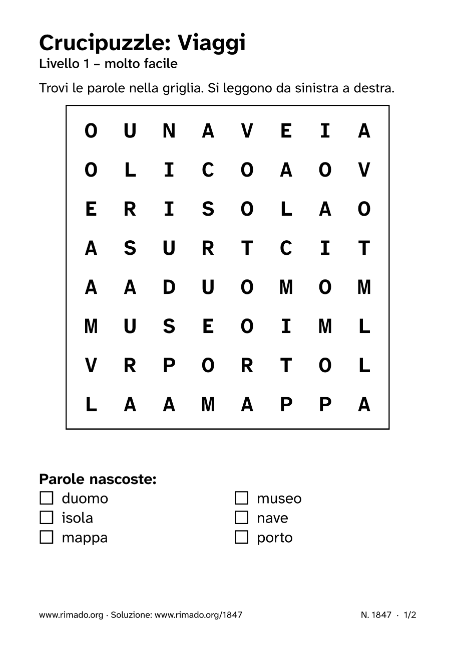 Anteprima del foglio stampato: Crucipuzzle «Viaggi», n. 1847