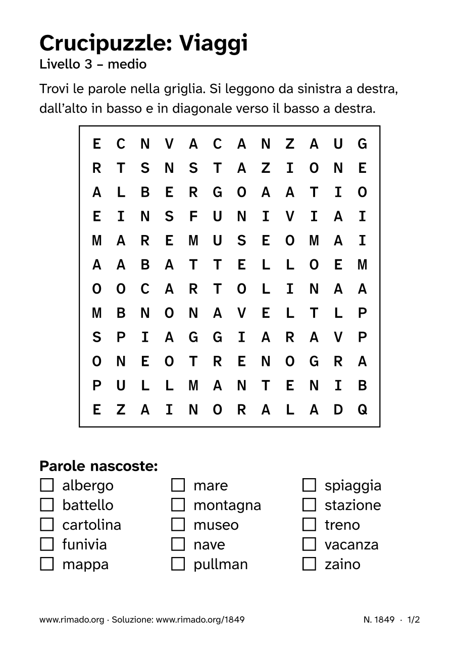 Anteprima del foglio stampato: Crucipuzzle «Viaggi», n. 1849