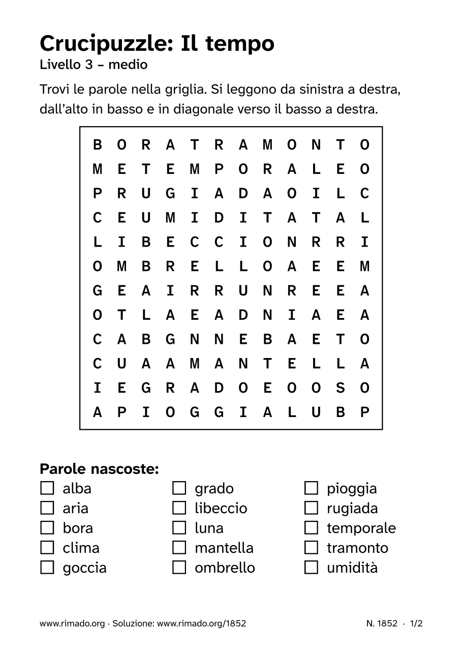 Anteprima del foglio stampato: Crucipuzzle «Il tempo», n. 1852