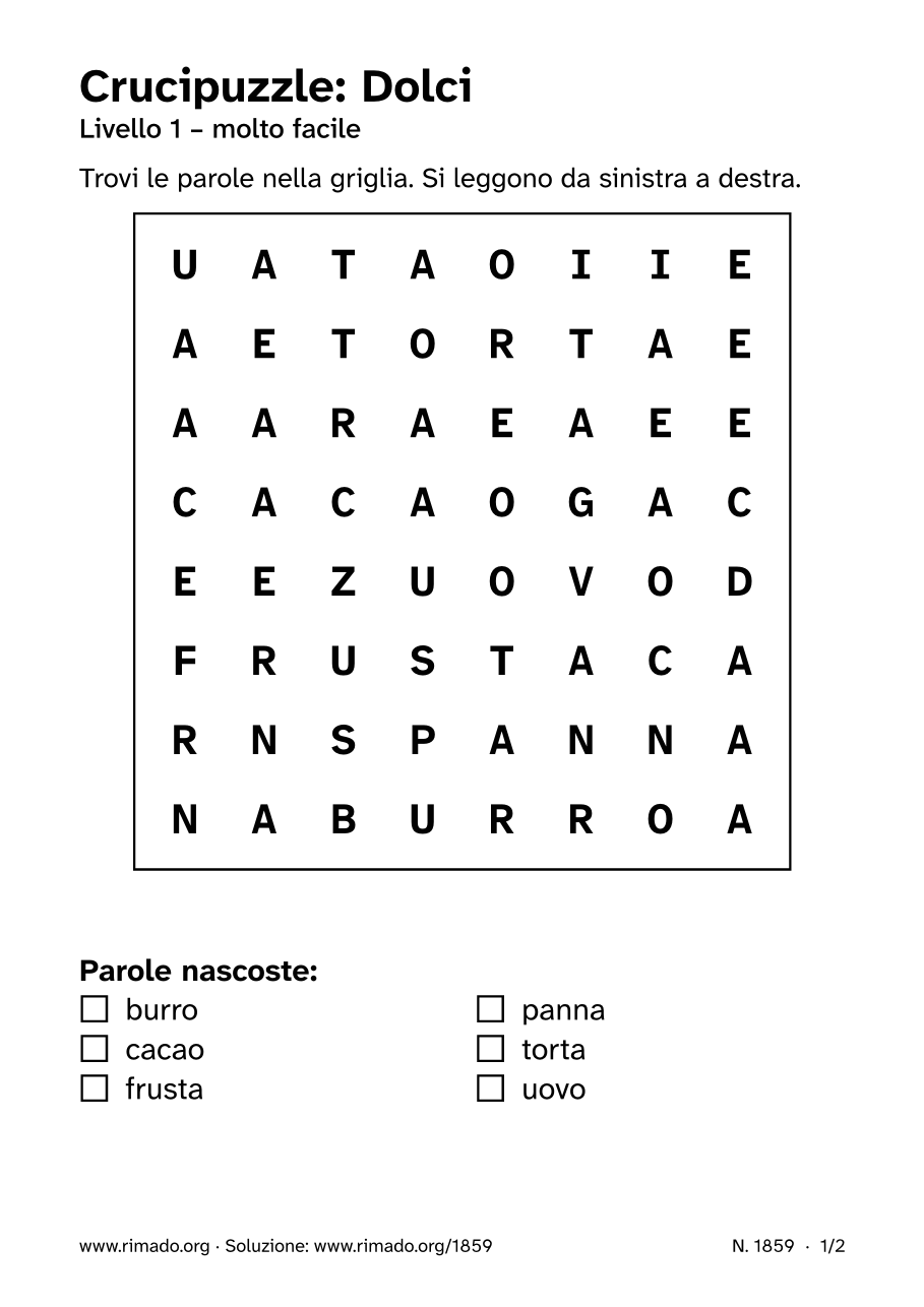 Anteprima del foglio stampato: Crucipuzzle «Dolci», n. 1859