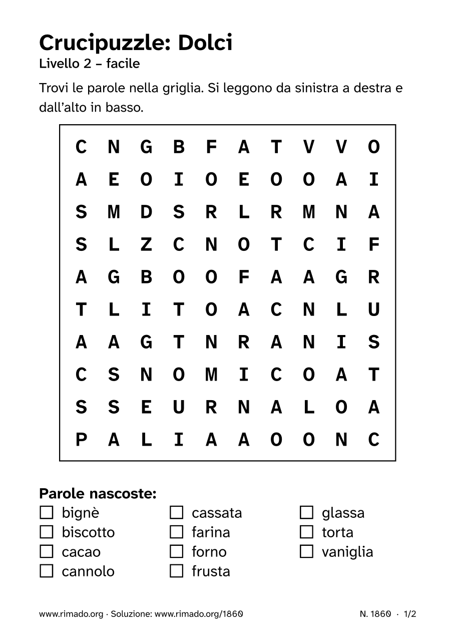 Anteprima del foglio stampato: Crucipuzzle «Dolci», n. 1860
