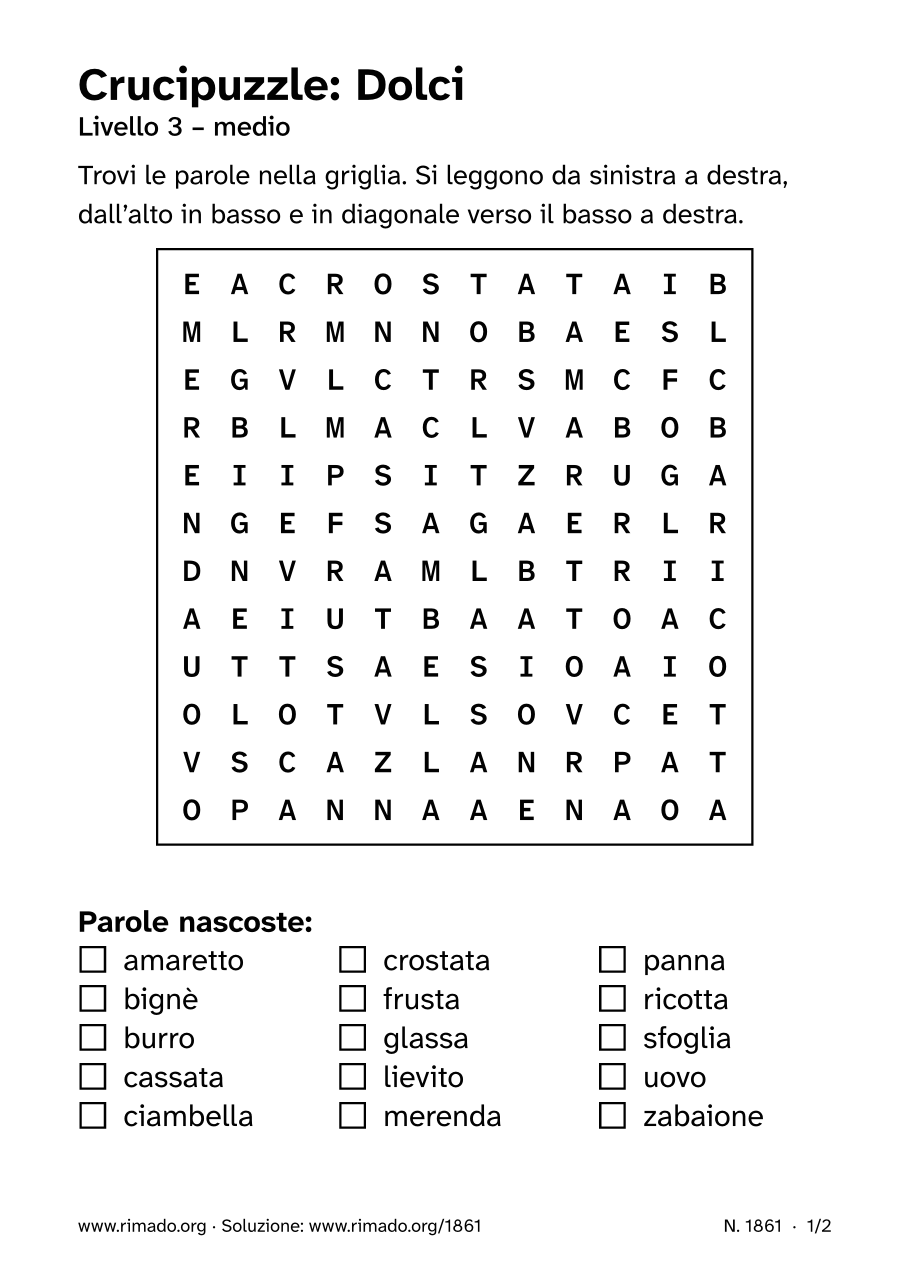 Anteprima del foglio stampato: Crucipuzzle «Dolci», n. 1861