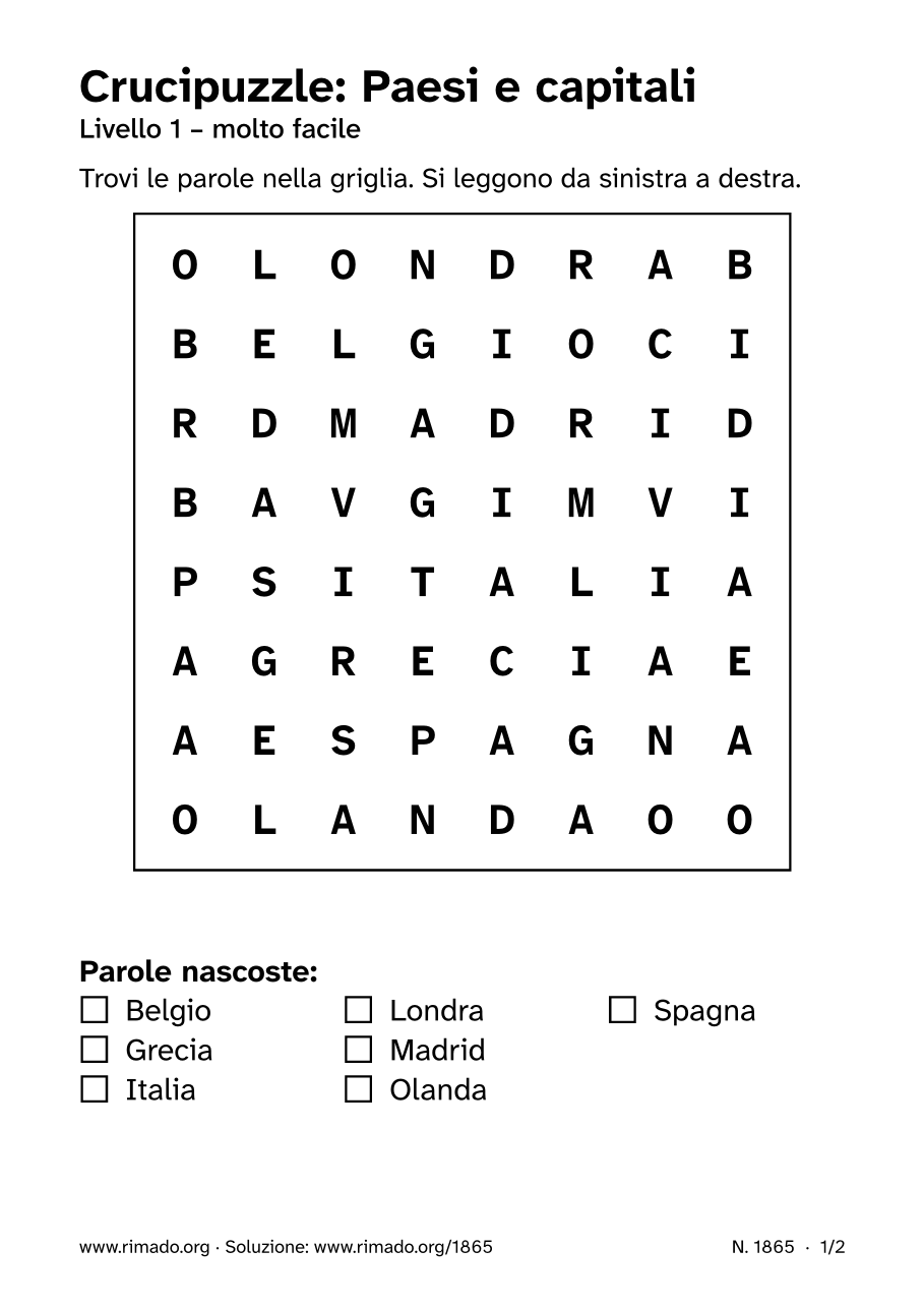 Anteprima del foglio stampato: Crucipuzzle «Paesi e capitali», n. 1865