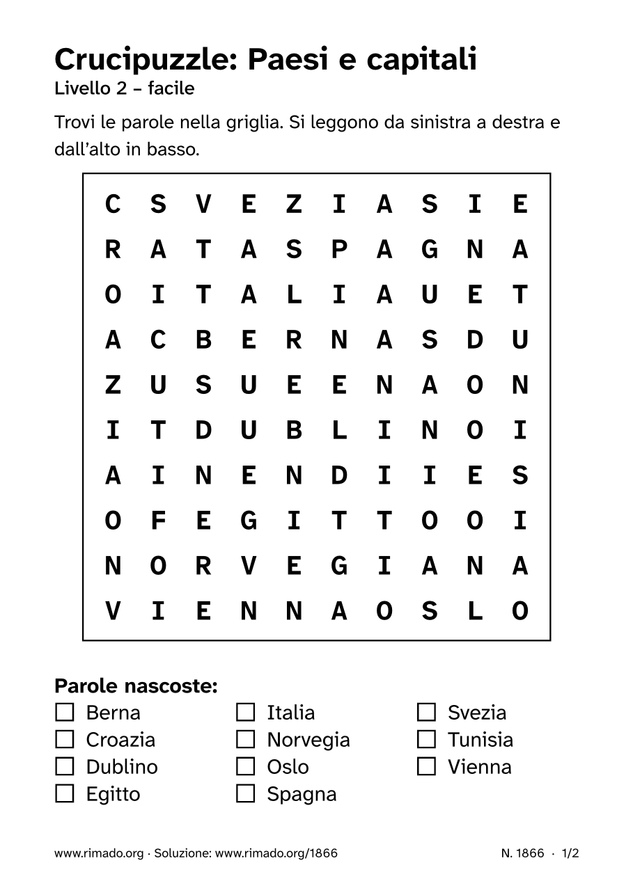 Anteprima del foglio stampato: Crucipuzzle «Paesi e capitali», n. 1866