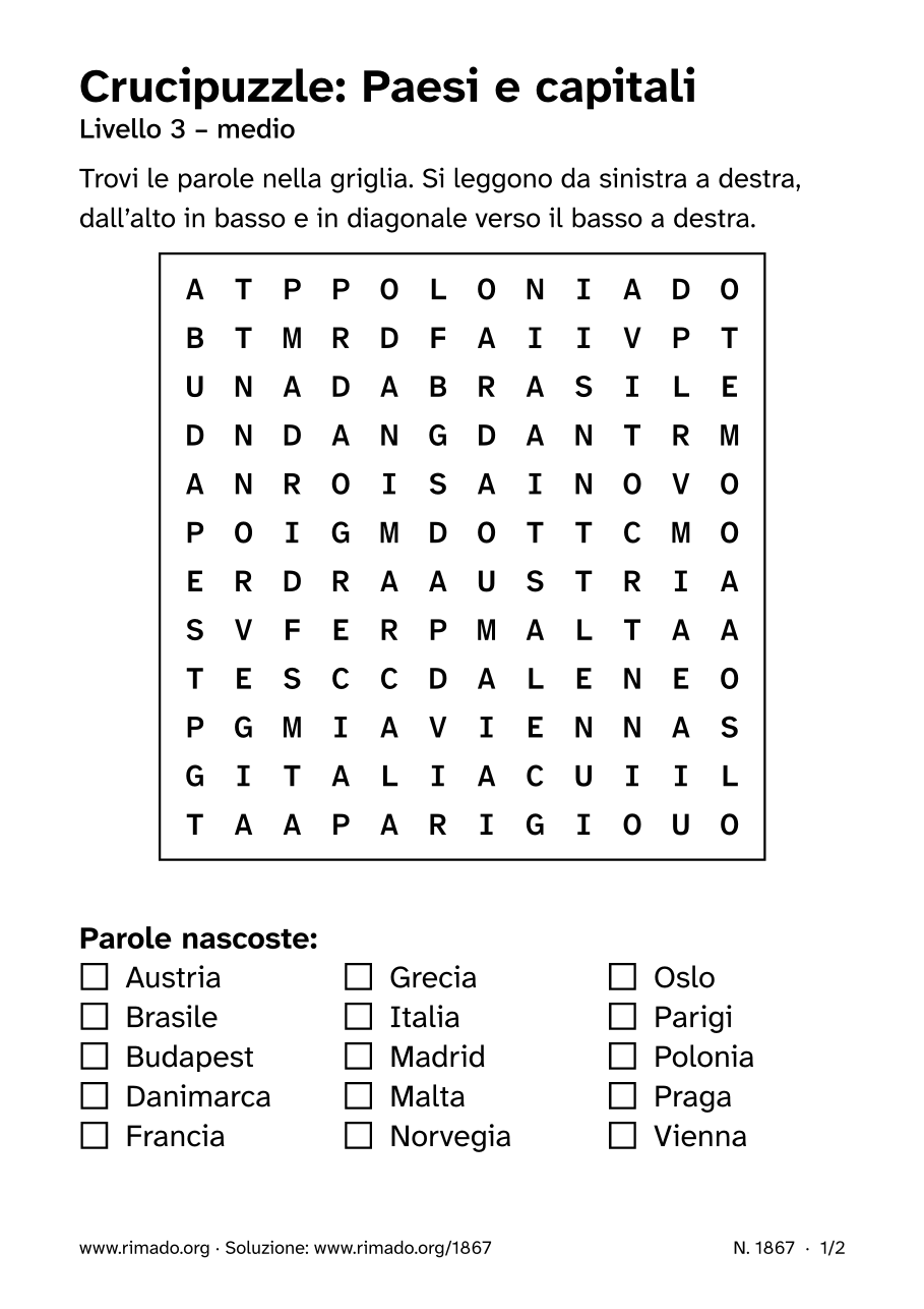 Anteprima del foglio stampato: Crucipuzzle «Paesi e capitali», n. 1867