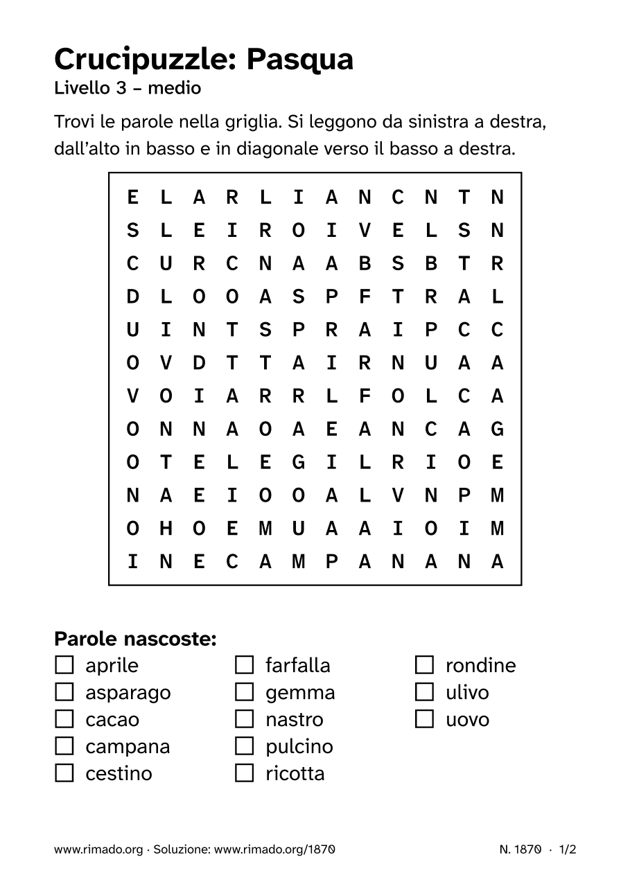 Anteprima del foglio stampato: Crucipuzzle «Pasqua», n. 1870