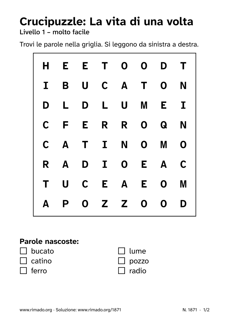 Anteprima del foglio stampato: Crucipuzzle «La vita di una volta», n. 1871