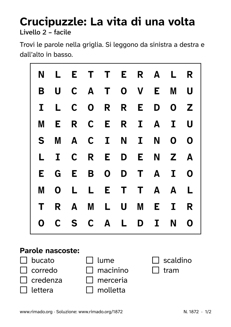 Anteprima del foglio stampato: Crucipuzzle «La vita di una volta», n. 1872