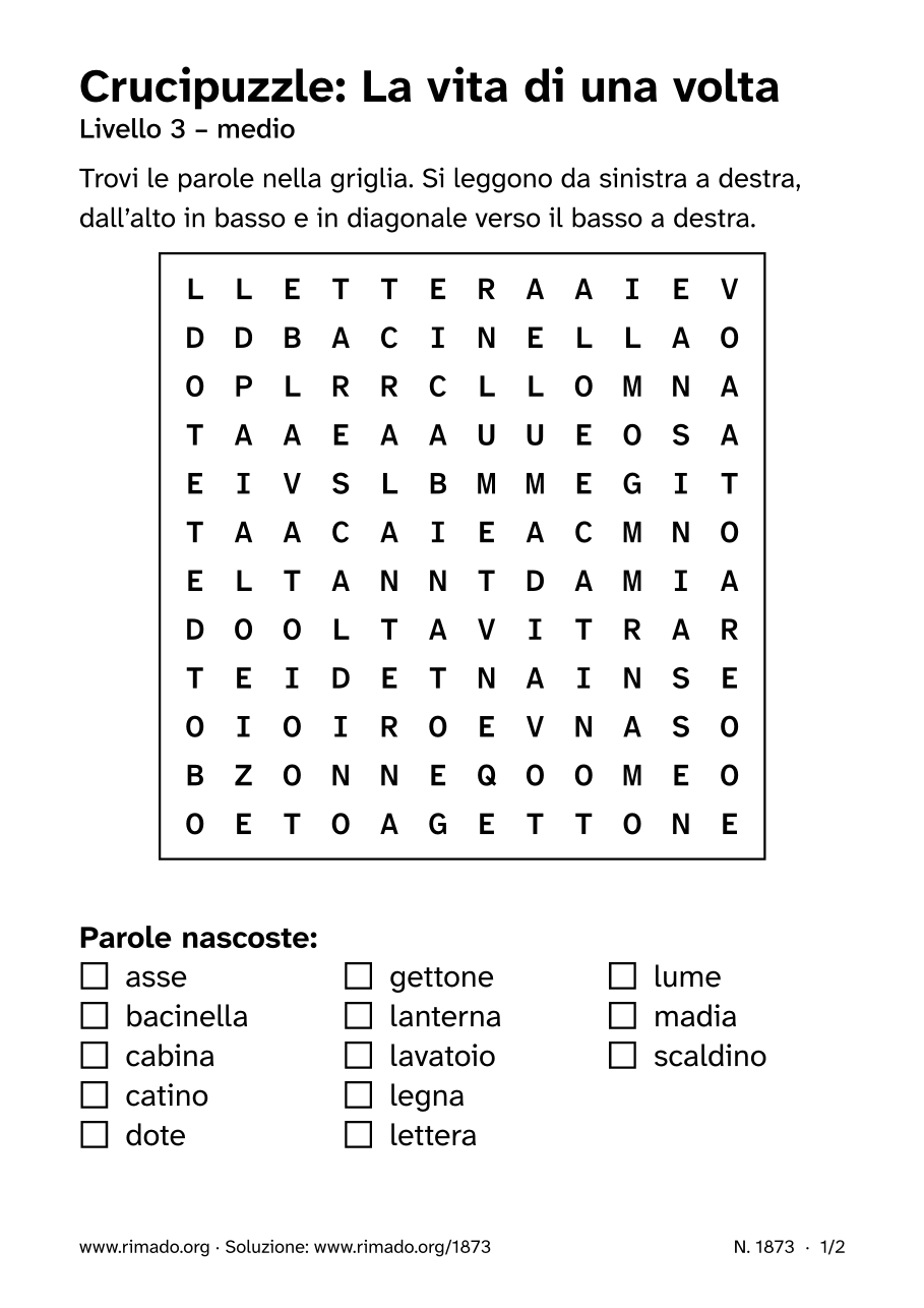 Anteprima del foglio stampato: Crucipuzzle «La vita di una volta», n. 1873