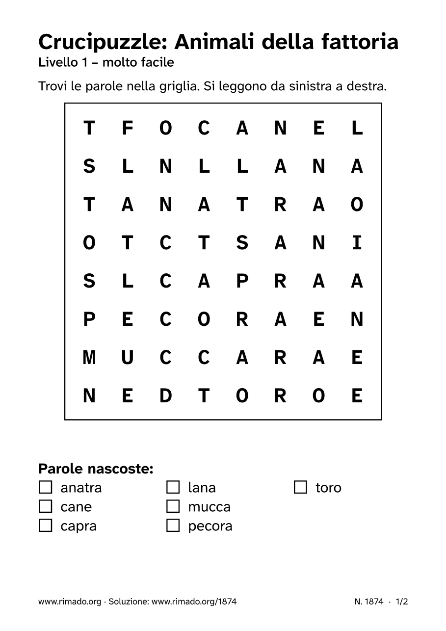 Anteprima del foglio stampato: Crucipuzzle «Animali della fattoria», n. 1874
