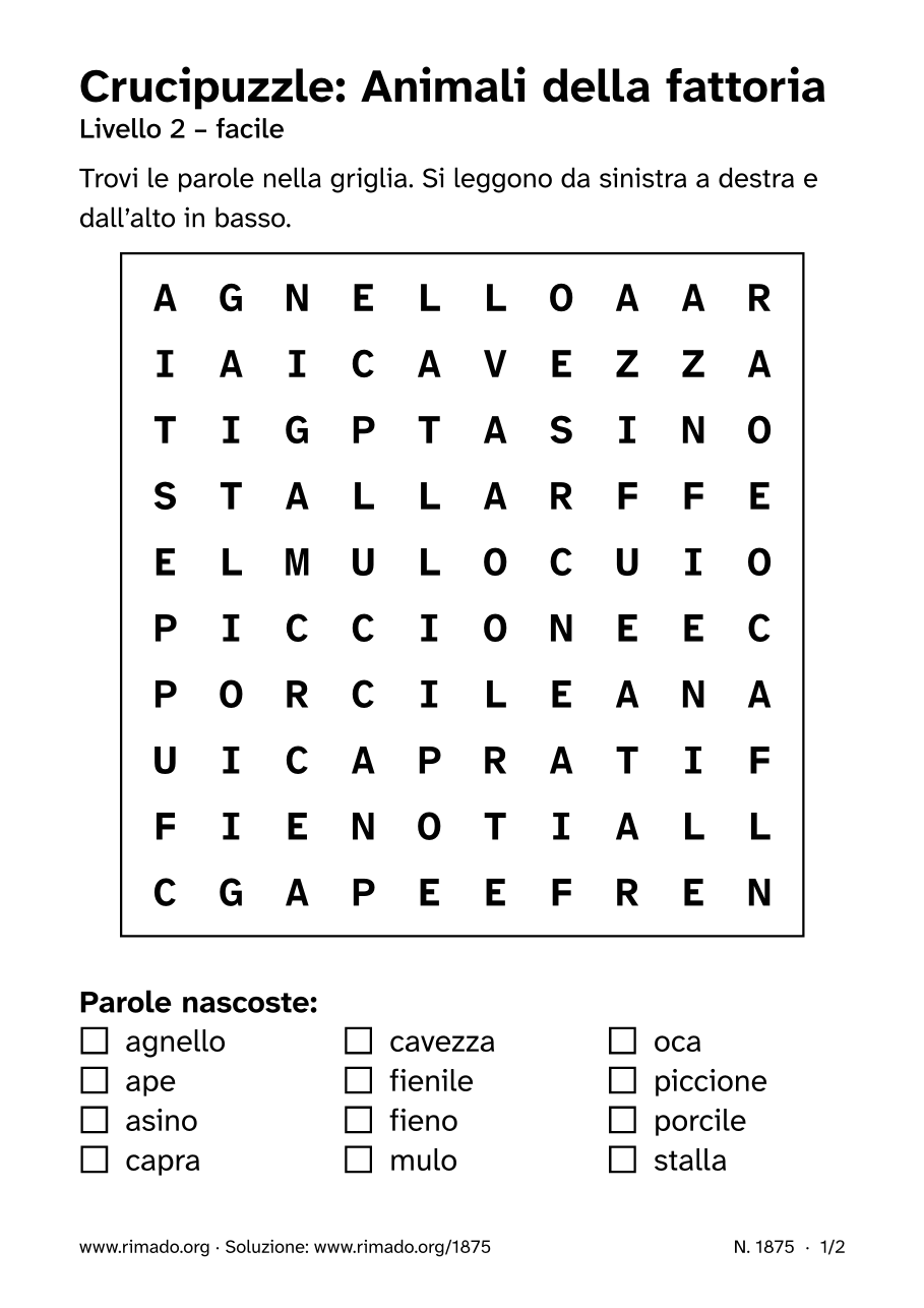 Anteprima del foglio stampato: Crucipuzzle «Animali della fattoria», n. 1875