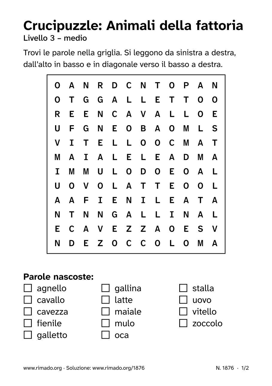 Anteprima del foglio stampato: Crucipuzzle «Animali della fattoria», n. 1876