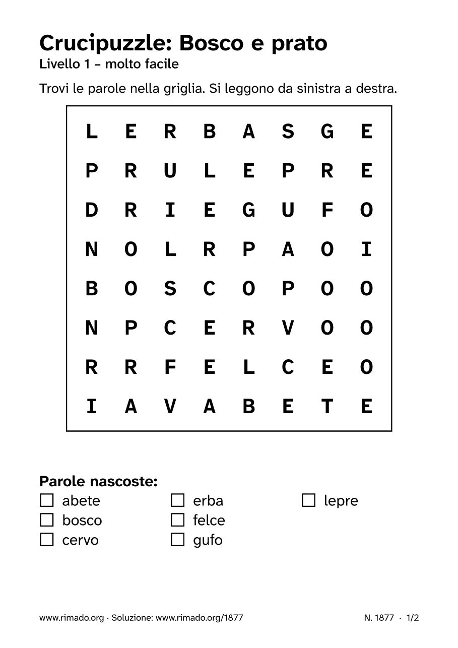 Anteprima del foglio stampato: Crucipuzzle «Bosco e prato», n. 1877