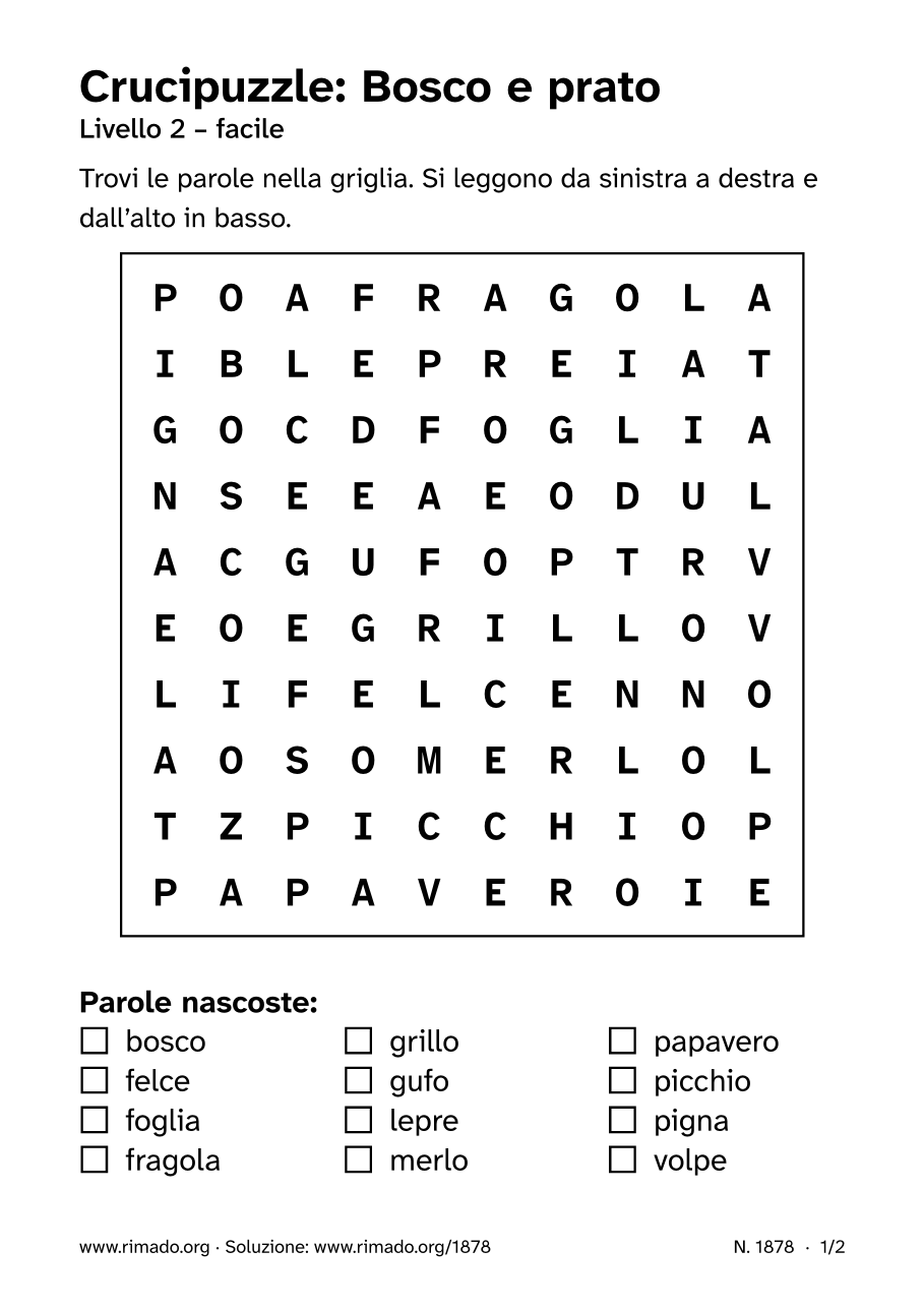 Anteprima del foglio stampato: Crucipuzzle «Bosco e prato», n. 1878