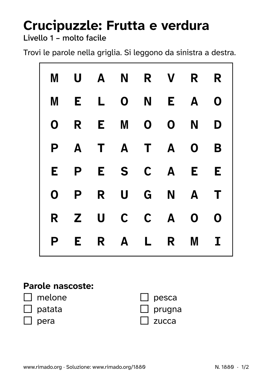 Anteprima del foglio stampato: Crucipuzzle «Frutta e verdura», n. 1880