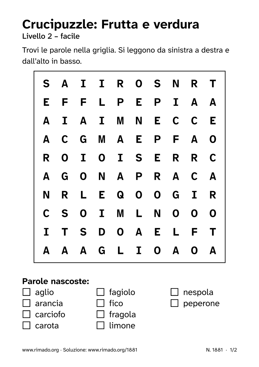 Anteprima del foglio stampato: Crucipuzzle «Frutta e verdura», n. 1881