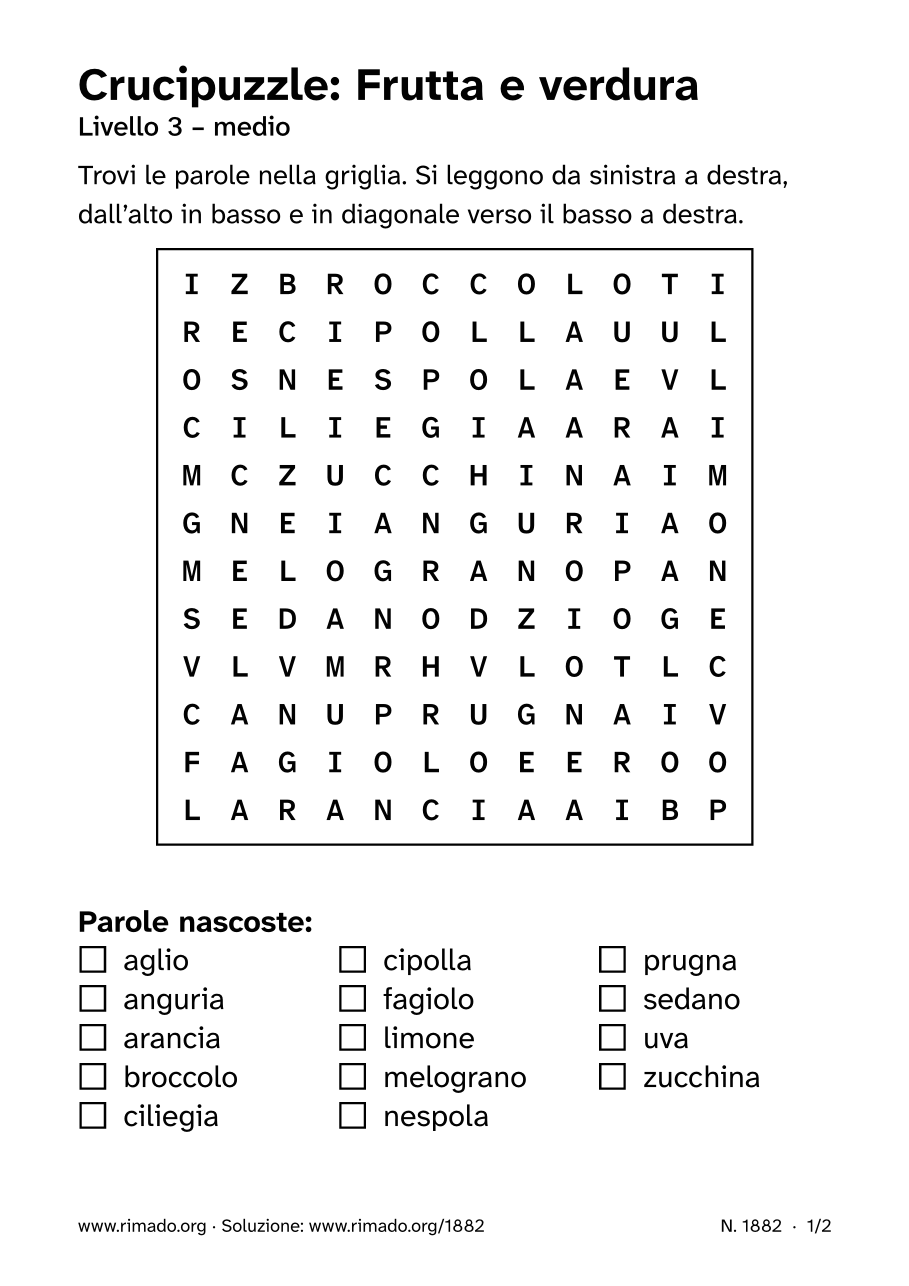 Anteprima del foglio stampato: Crucipuzzle «Frutta e verdura», n. 1882